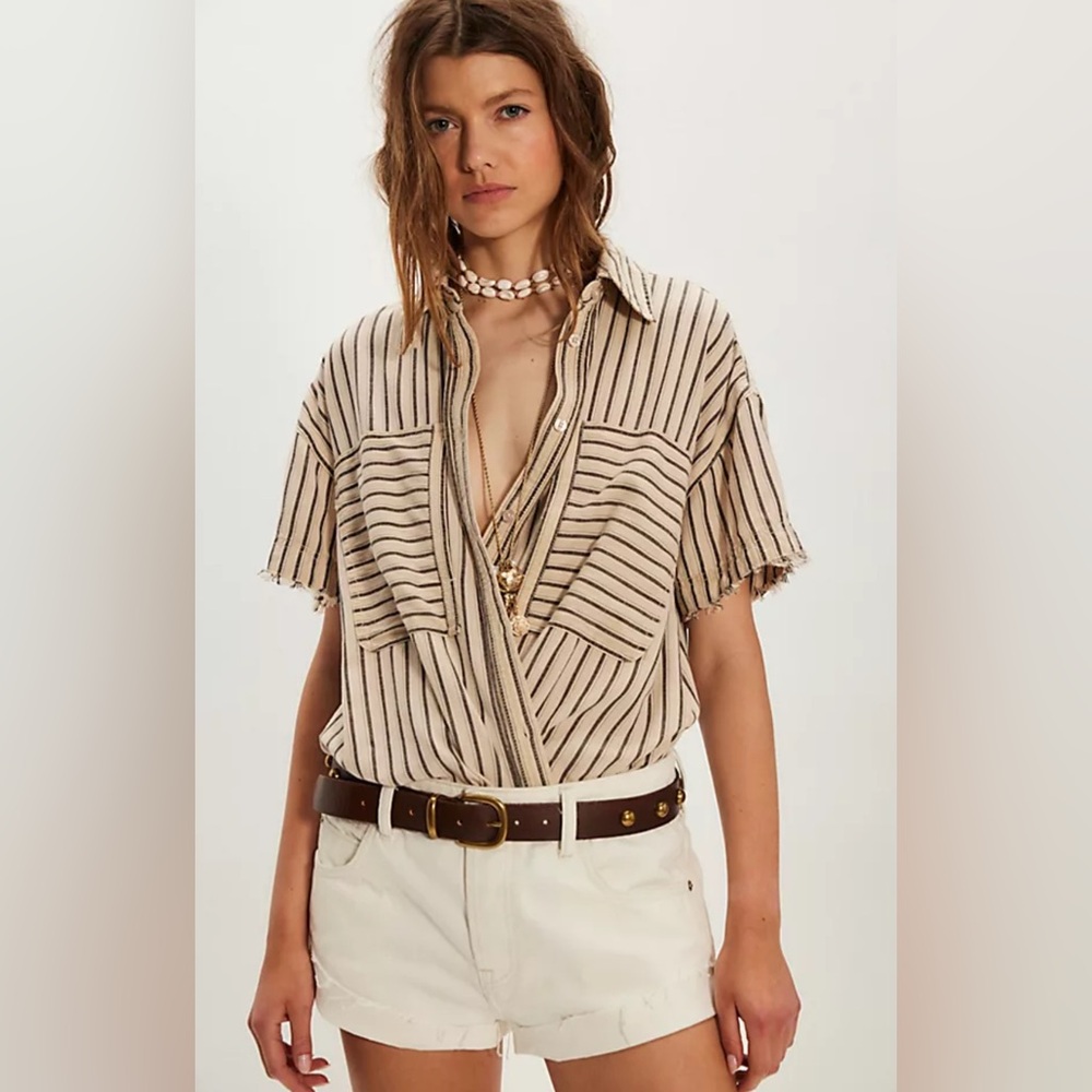 Free People Beige and Black Striped Button Down Shirt